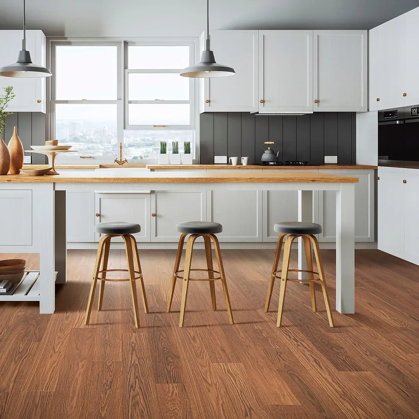 33612_03_room Mohawk Laminate in a rich reddish-brown wood color in a kitchen | Carpets of Dalton