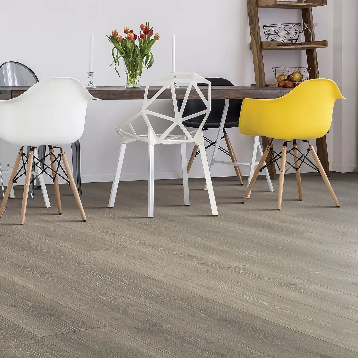 33634_06W_room Laminate in a gray-brown wood tone in a modern dining room | Carpets of Dalton