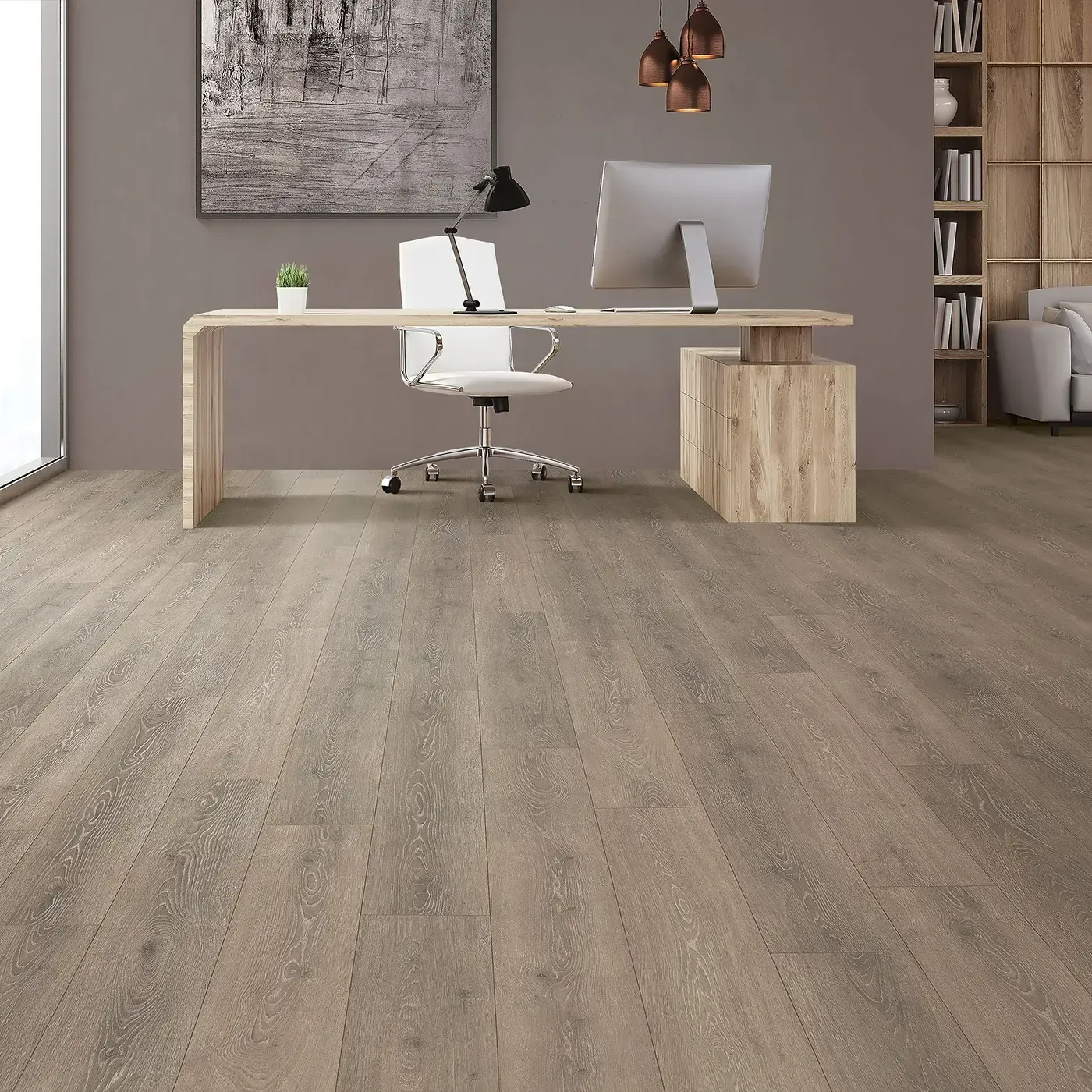 33634_10W_room Mohawk Laminate in a gray-brown wood tone in a home office | Carpets of Dalton
