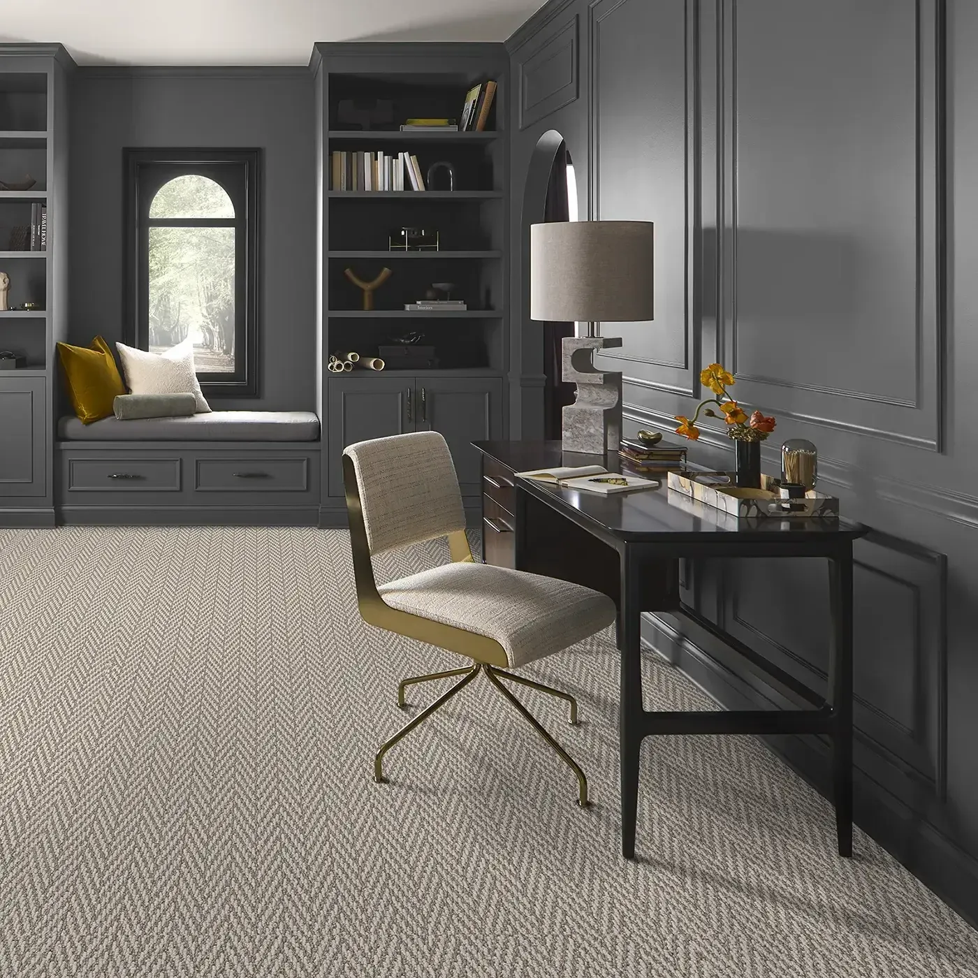 Always-Yours-ZB289-00753-Fossil-Room Shaw Floors tan patterned carpet in a residential office