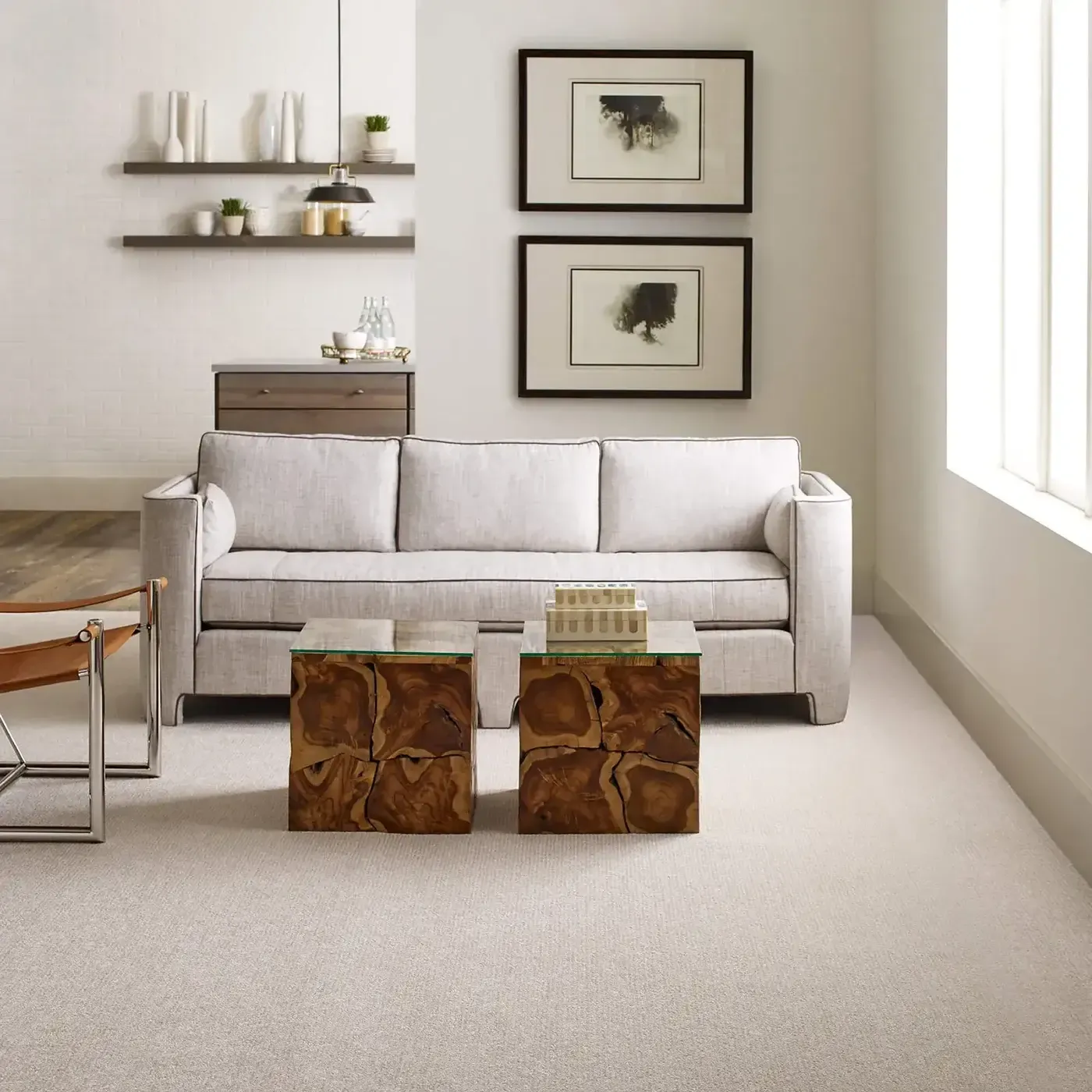 OUTSIDE-THE-LINES-E9645-SNOW-FALL-00101H Light gray Shaw Floors carpet in a lightly colored living room