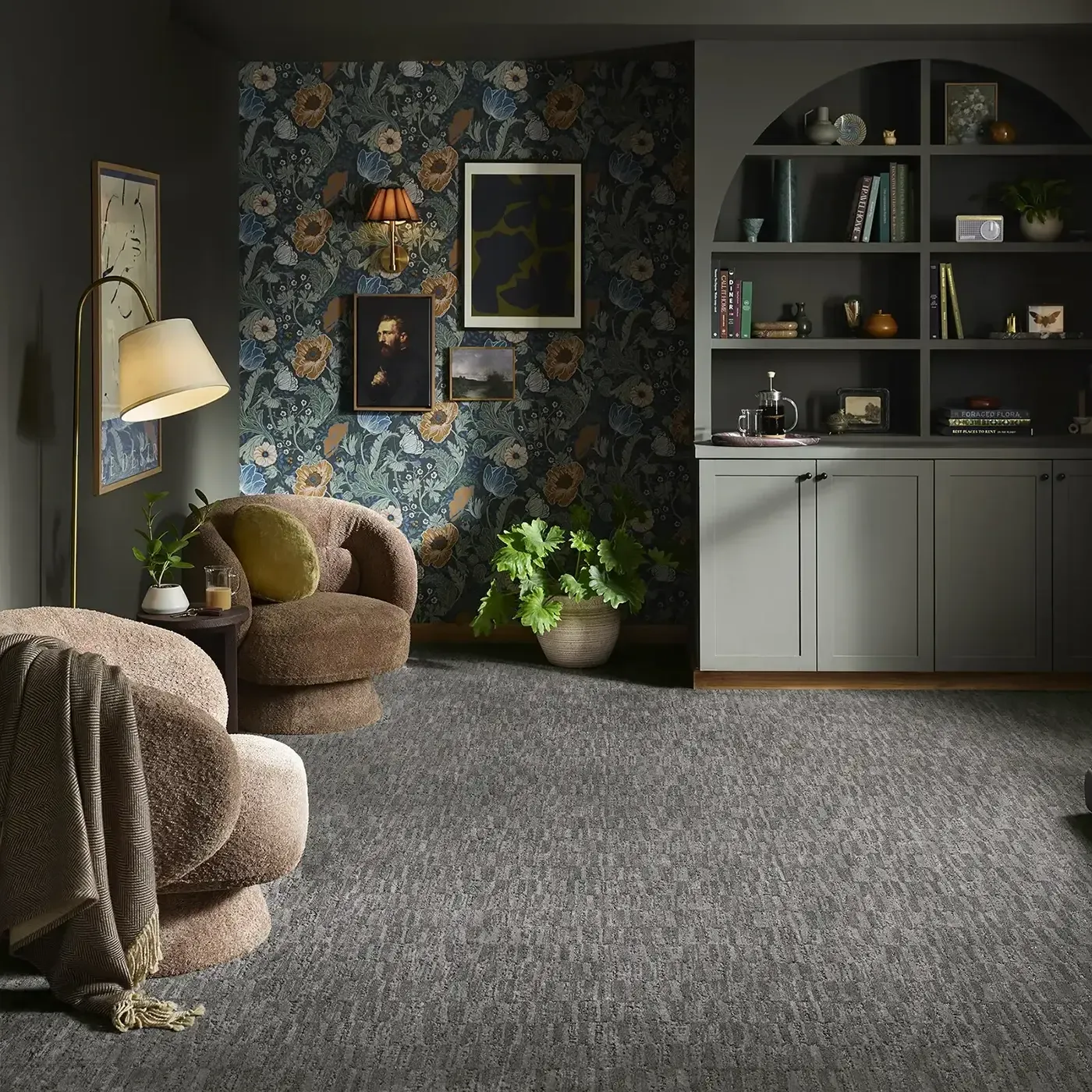 ZZ319_00537_Main Dark gray Shaw Floors carpet in a botanical themed sitting room